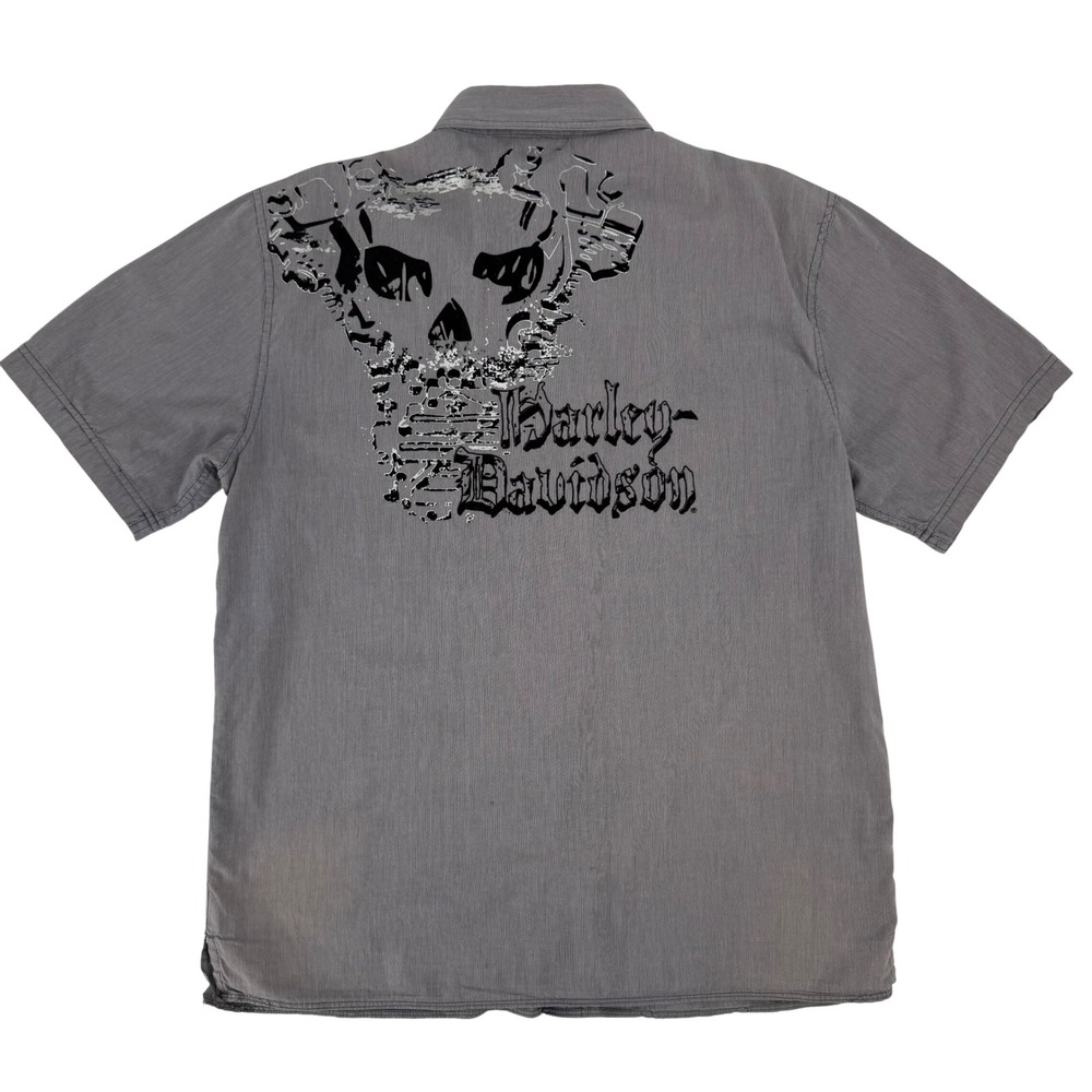 Harley Davidson Grey Pinstripe Skull Velvet Graphic Button Up Shirt Men's Medium
